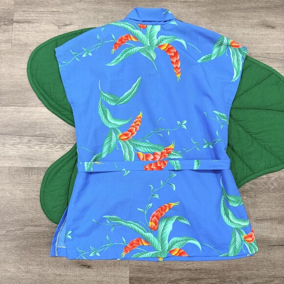 Vintage Hilo Hattie Womens Large Hawaiian Floral Blue Blouse With Tie Waist - Picture 2 of 6